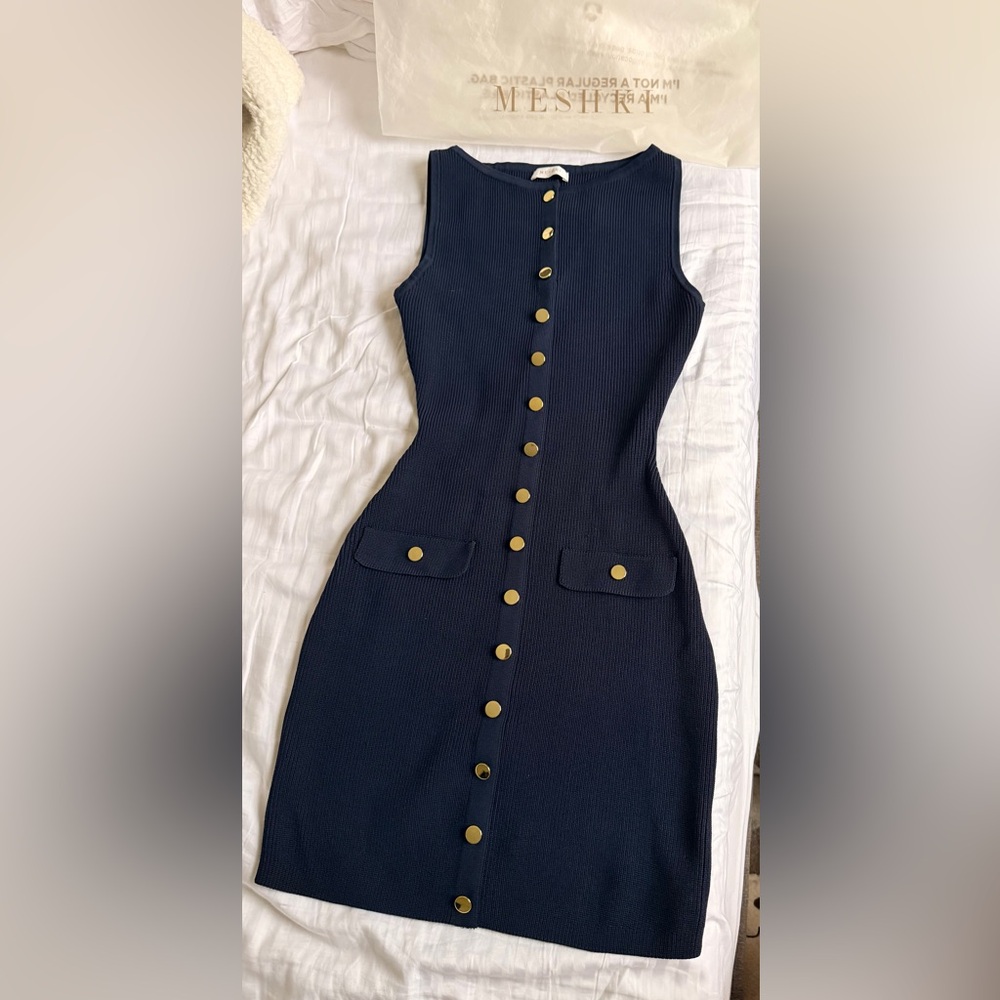 Meshki Sawyer Knit Mini Dress in navy with gold but